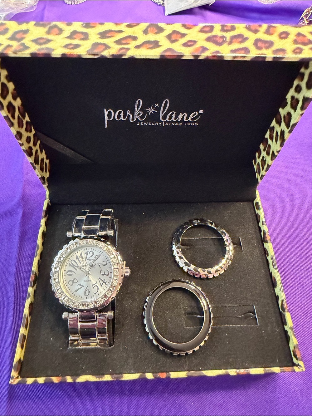 Park Lane Watch Set Interchangeable Crystal Bezels Leopard Box